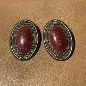 Vintage Oval Bronze Toned Earrings Red Burgundy Marbled Enamel